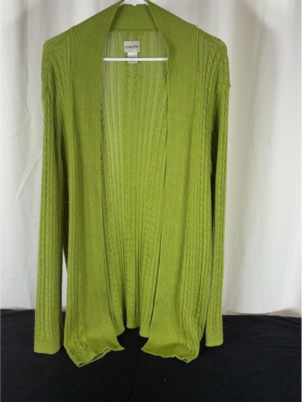 Chico's Green Open Front Cable Knit Cardigan Size L 112